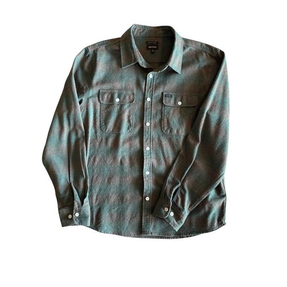 Brixton Bowery Standard Fit Plaid Flannel Button-Up Shirt Green Brown L - Picture 3 of 10